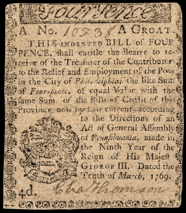 Colonial Currency 1769 PA CHARLES THOMSON Signed: Famous Signers on Colonial Currency March 10, 1769 “Relief and Employment of the Poor - City of Philadelphia” Pence Note Signed By Charles Thomson CHARLES THOMSON (1729 – 1824). Patriot Leader i