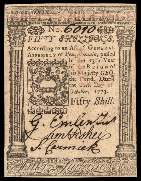 Colonial Currency PA. Oct 1773 50s PCGS Ch AU-58 (1 of 6)