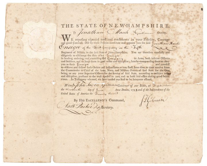 Military Appointment Signed JOHN TAYLOR GILMAN: Autographs Military Appointment Signed by JOHN TAYLOR GILMAN JOHN TAYLOR GILMAN (1753-1828). Two Time Governor of New Hampshire, Farmer, Shipbuilder, and Statesman from Exeter, New Hampshire. He repre