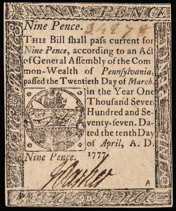 Colonial Currency PA. Apr 10 1777. 9d CHOICE UNC (1 of 2)