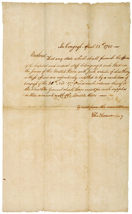 CHARLES THOMSON, 1780 Manuscript Document Signed: Autographs1780 Official Act of Congress Signed by Charles Thomson CHARLES THOMSON, Secretary of the Continental Congress. Manuscript Document Signed, Chas Thomson Secy, April 15, 1780, [Philadelphia],