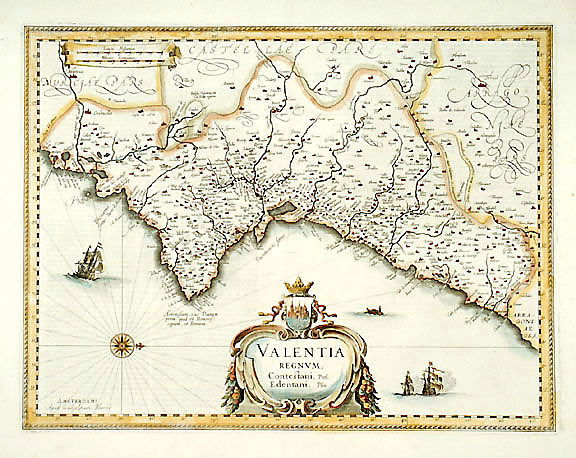 VALENTIA REGNVM - Map, c. 1640: Mapsc. 1640, VALENTIA REGNVM, by Blaeu, Amsterdam, Choice Very Fine. 15” x 19.5”, copper-engraved map with early hand coloring. The lovely title cartouche is softly colored in rose, blue,