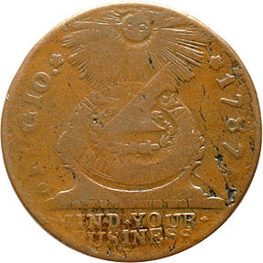1787 Fugio Cent, 8-Pointed Star Newman: Fugio Cents8-Pointed Star Newman 15-Y Variety 1787 “FUGIO” Cent 1787 Fugio Cent, Pointed Rays / STATES UNITED, 8-Pointed Stars, Newman 15-Y, Very Fine. 129.0 grns. Rarity-4. A nice looking