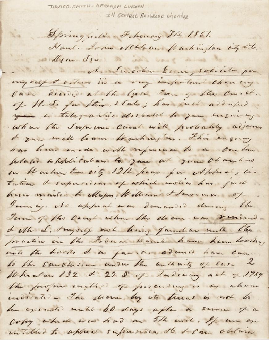 Autograph Letter Signed by David A. Smith: Abraham Lincoln Related David A. Smith Autograph Letter Signed, Abraham Lincoln’s Friend Mentioning “A. Lincoln, Esqr., Solicitor for myself and others...” February 7, 1851-Dated, Autograph Lett