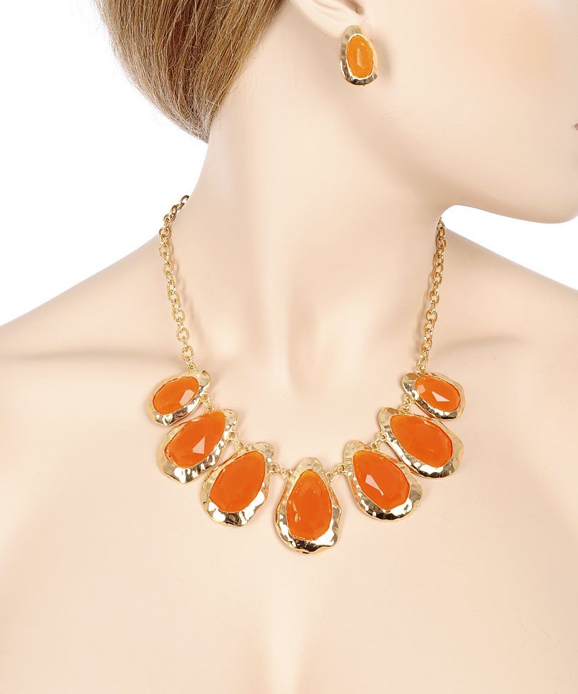 GOLD ORANGE FACETED COLORED STONES NECKLACE & EARRING