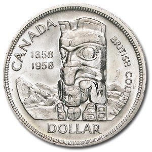 1958 Silver Canadian Dollar - Totem Pole - AU/BU: 1958 Silver Canadian Dollar - Totem Pole - AU/BU