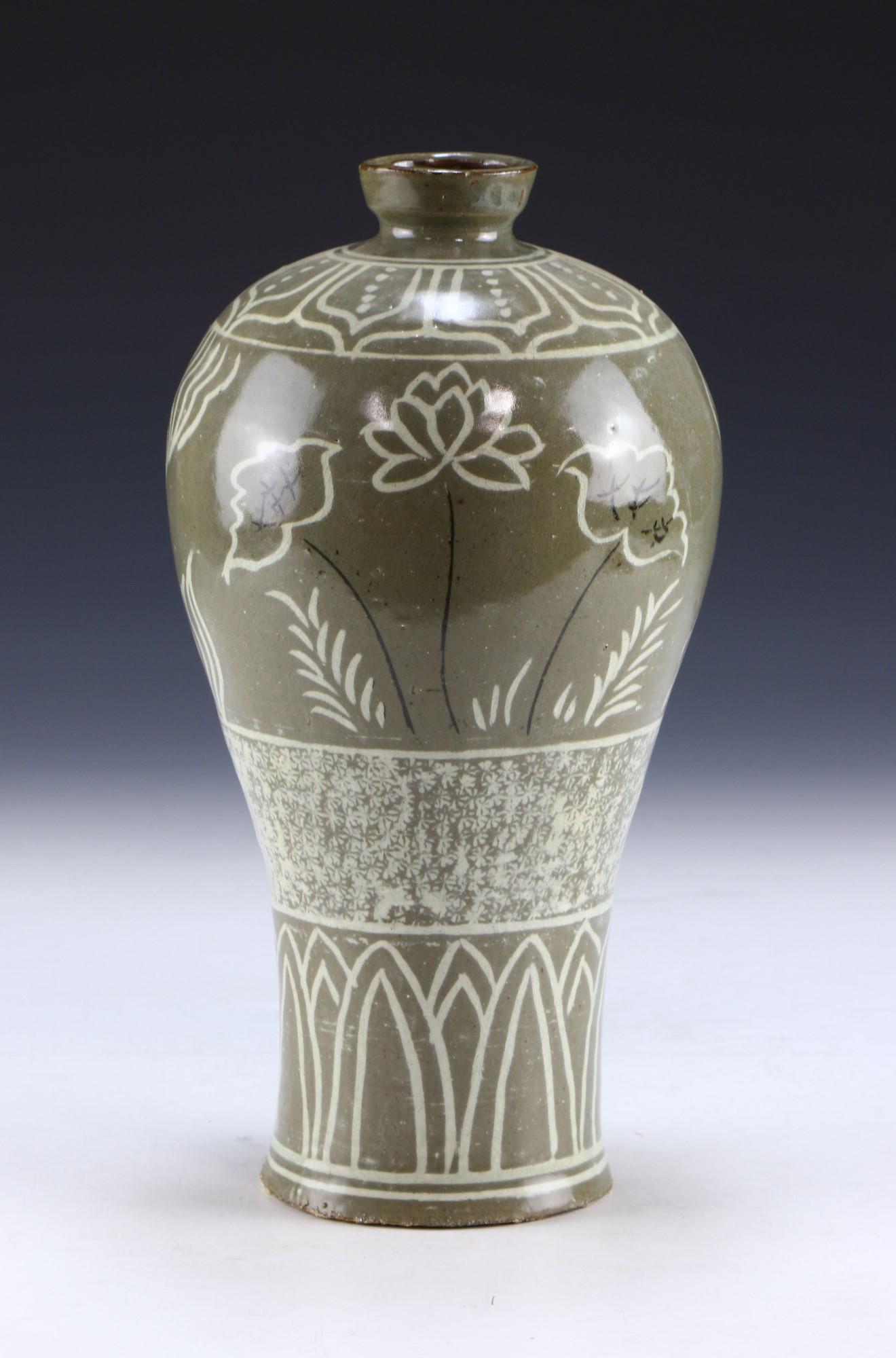 A KOREAN CELADON GLAZED PORCELAIN VASE: A Korean Celadon Glazed Porcelain Vase: Of Bulbous Form, Body Finely Painted With Blooming Flower Of White Tones Amid Long Stems; Size: H: 10" (25.4cm)