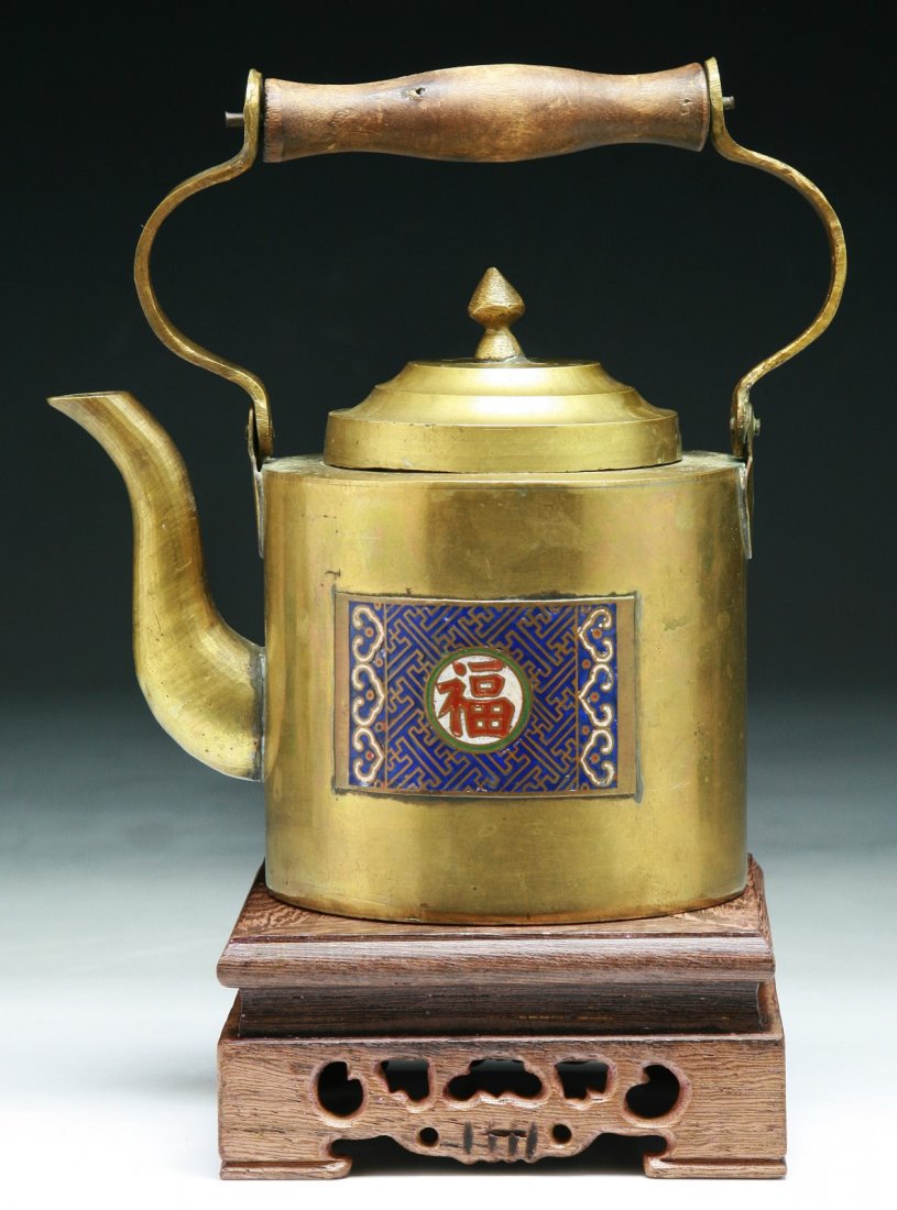 A Chinese Antique Brass & Cloisonne Teapot: A Chinese Antique Brass & Cloisonne Teapot: presented on a wood stand; Dimension: L: 5-1/4"