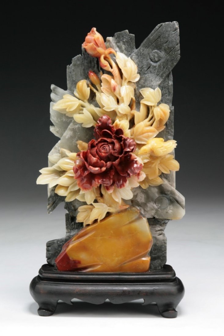 A Chinese Carved Shoushan Soapstone Group: A Chinese Carved Shoushan Soapstone Group: presented on a wood stand; Dimension: H: 11-1/8"