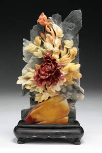 A Chinese Carved Shoushan Soapstone Group: A Chinese Carved Shoushan Soapstone Group: presented on a wood stand; Dimension: H: 11-1/8"