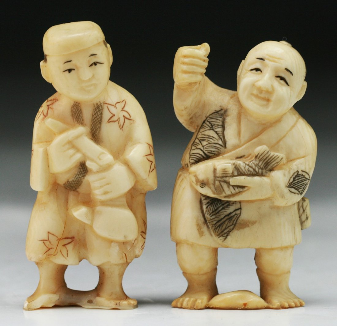 Two (2) Carved Antique Ivory Netsuke: Two (2) Carved Antique Ivory Netsuke; Dimension: H: 2" (biggest)
