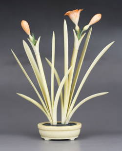 A Chinese Antique Polychrome Ivory Lily Bonsai: A Chinese Antique Polychrome Ivory Lily Bonsai; Dimension: H: 5-1/2"