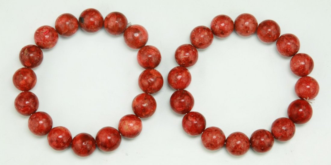 Pair Coral Bead Bracelets: Pair Coral Bead Bracelets; Dimension: D: 3"; (bead) D: 14mm