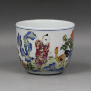 A Chinese QIANLONG MARK Doucai Porcelain Chicken Cup: A Chinese QIANLONG MARK Doucai Porcelain Chicken Cup; Dimension: D: 3-1/4"