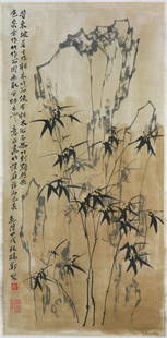 A Chinese Antique Paper Hanging Painting Scroll: A Chinese Antique Paper Hanging Painting Scroll: Bamboo trees, ink and color on paper, sealed and inscribed by the artist; Dimension: H: 38"; W: 18-1/2" (overall) H: 59-1/4"; W: 22-1/2"