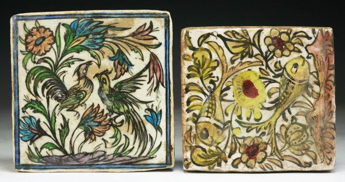 Two (2) Persian Antique Porcelain Square Plaques: Two (2) Persian Antique Porcelain Square Plaques; Dimension: H: 7-1/2"; W: 7-1/2"