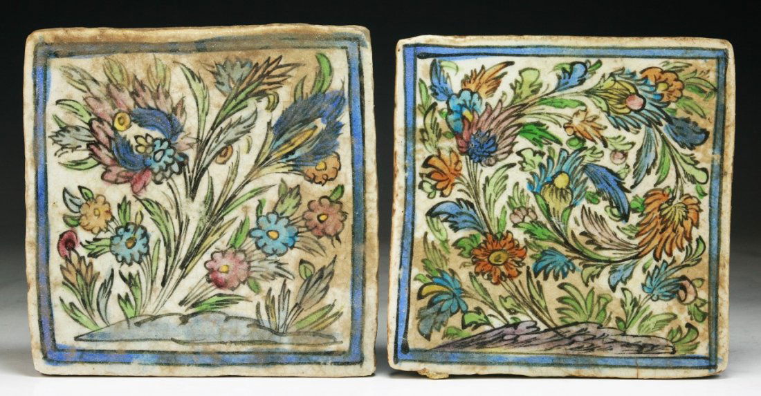 Two (2) Persian Antique Porcelain Square Plaques: Two (2) Persian Antique Porcelain Square Plaques; Dimension: H: 7-1/2"; W: 7-1/2"