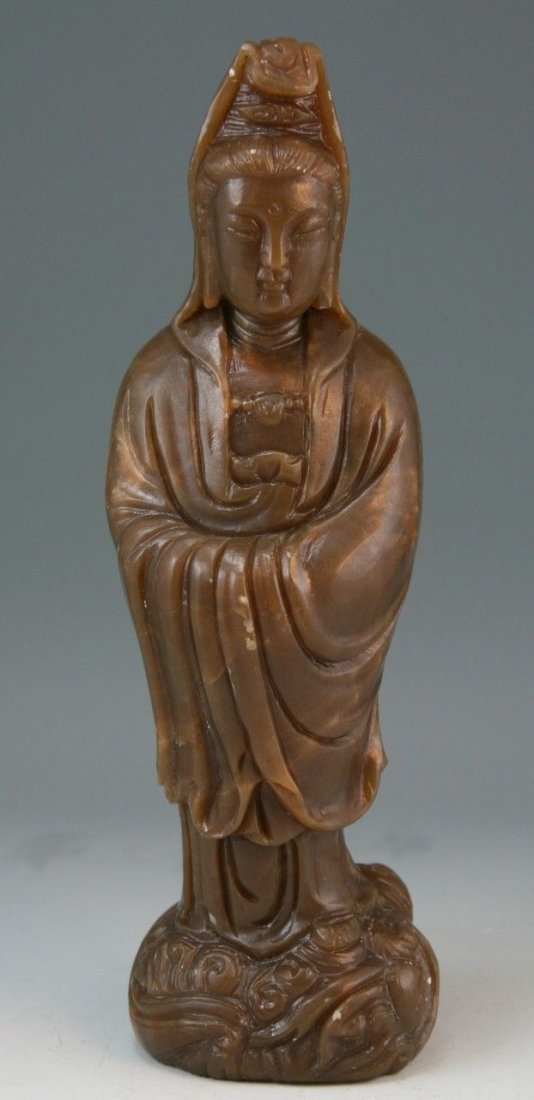 Chinese Carved Soapstone Kwan Yin Statue: Chinese carved soapstone statue: of a standing Kwan Yin in flowing robes; Size: H: 9-3/4"