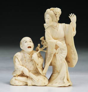 A Japanese Antique Ivory Carved Figure Group: A Japanese Antique Ivory Carved Figure Group: signed on the base; Size: H: 4-1/2"