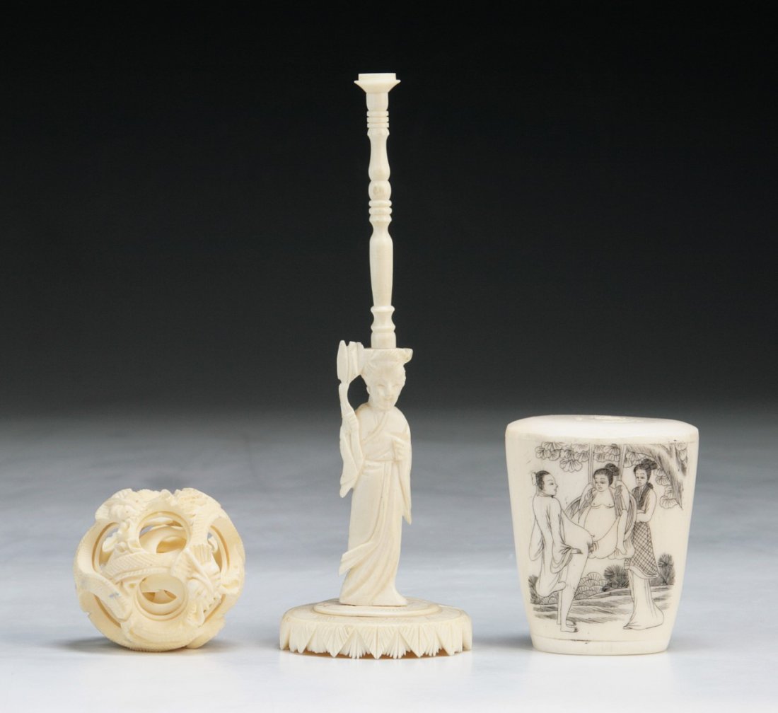 Two (2) Chinese Antique Ivory Carvings: Puzzle Ball &: Two (2) Chinese Antique Ivory Carvings: Puzzle Ball & Cup; Size: H: 7-1/4"