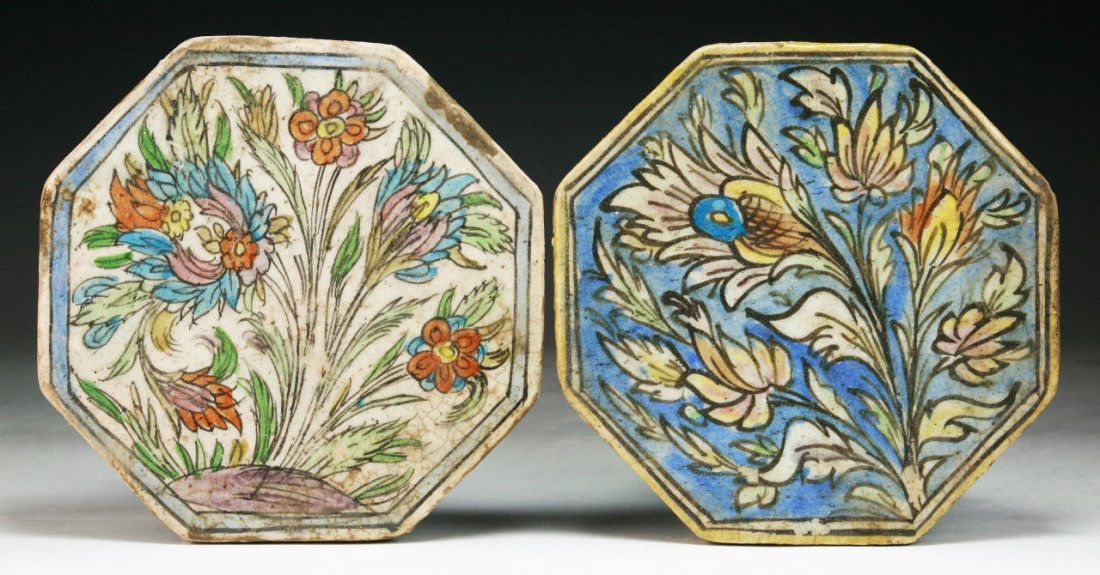 Two (2) Persian Antique Porcelain Octagon Shaped: Two (2) Persian Antique Porcelain Octagon Shaped Plaques; Size: H: 7-1/2"; W: 7-1/2"