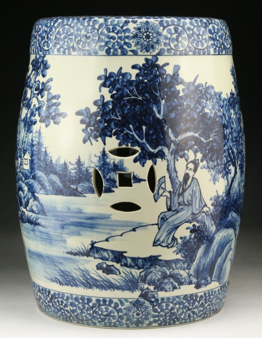 A Chinese Antique Blue & White Porcelain Stool: A Chinese Antique Blue & White Porcelain Stool; Size: H: 14-1/2"