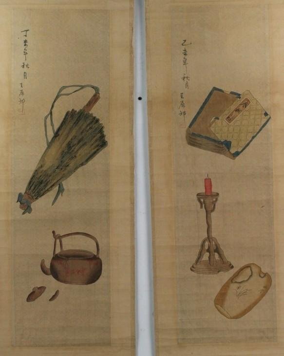A Pair Of Antique Painting Hanging Scrolls: A Pair Of Antique Painting Hanging Scrolls: ink and color on paper, attributed to Wang, Yuanqi (1642-1715), each with one seal of artist on painting; Size: (PAINTING)H36X 10 1/2"W(OVERALL)H66"X 15 3/4