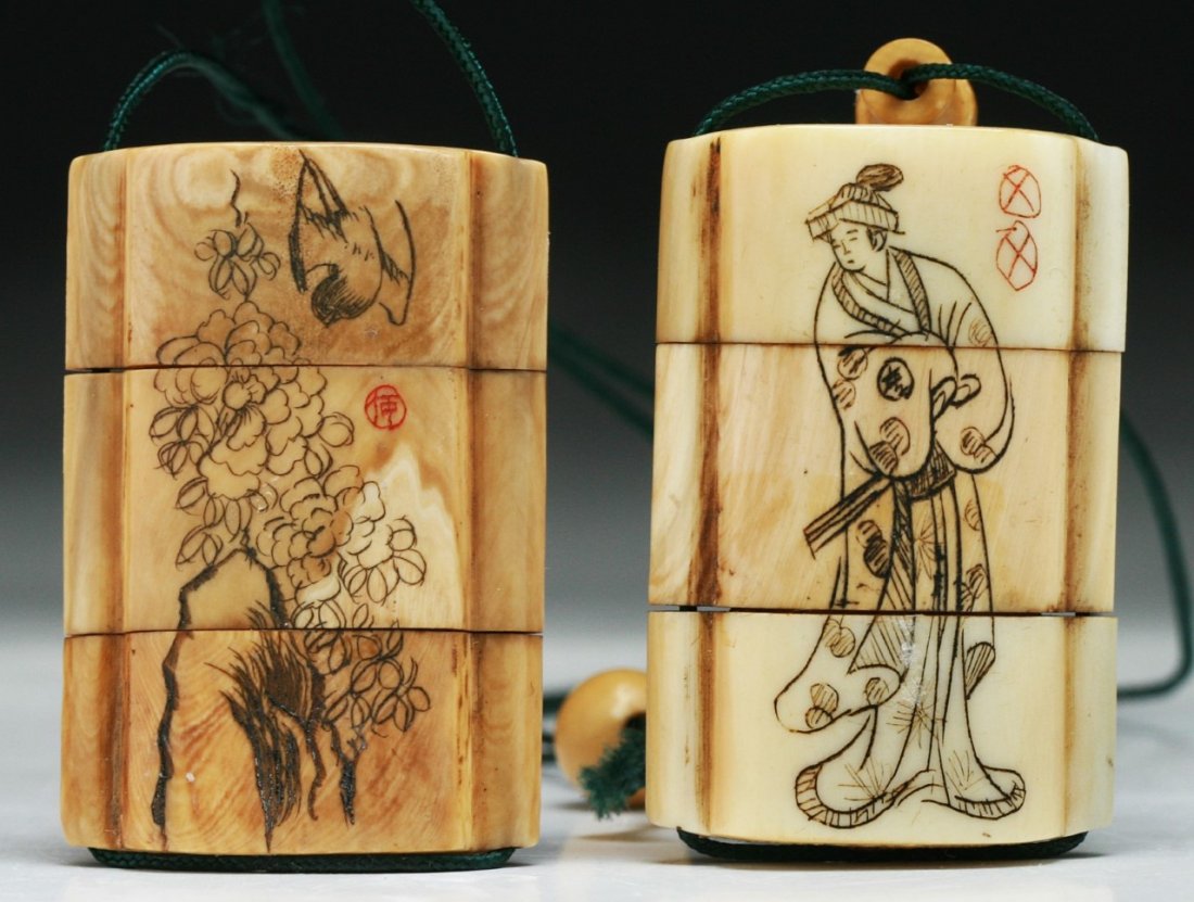 Two (2) Japanese Antique Three Case Ivory Carved Inro: Two (2) Japanese Antique Three Case Ivory Carved Inro; Size: H: 1-1/2" (biggest)