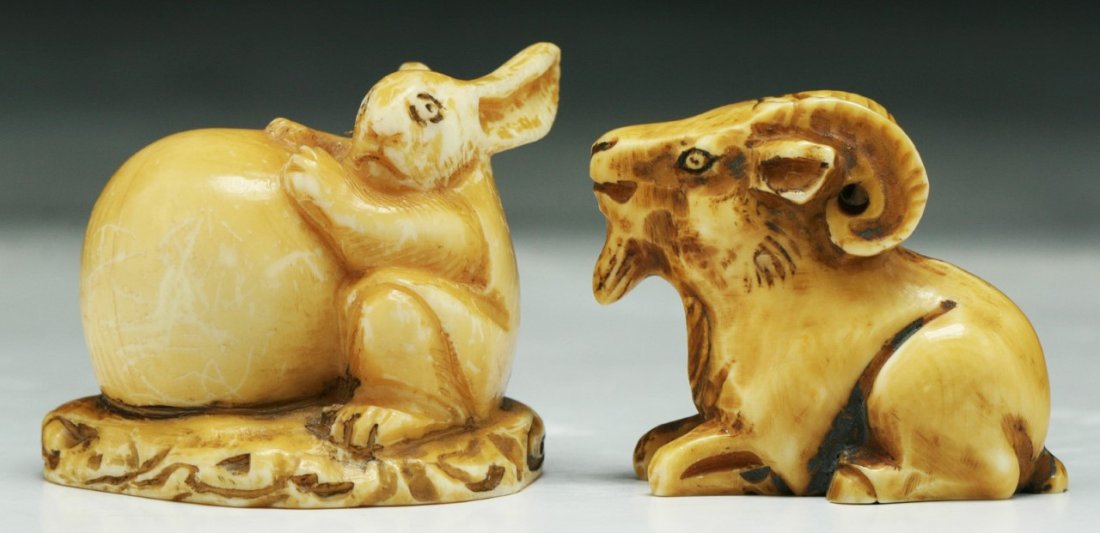 Two (2) Antique Carved Ivory Netsuke: Two (2) Antique Carved Ivory Netsuke: animals; Size: H: 1-1/2" (biggest)