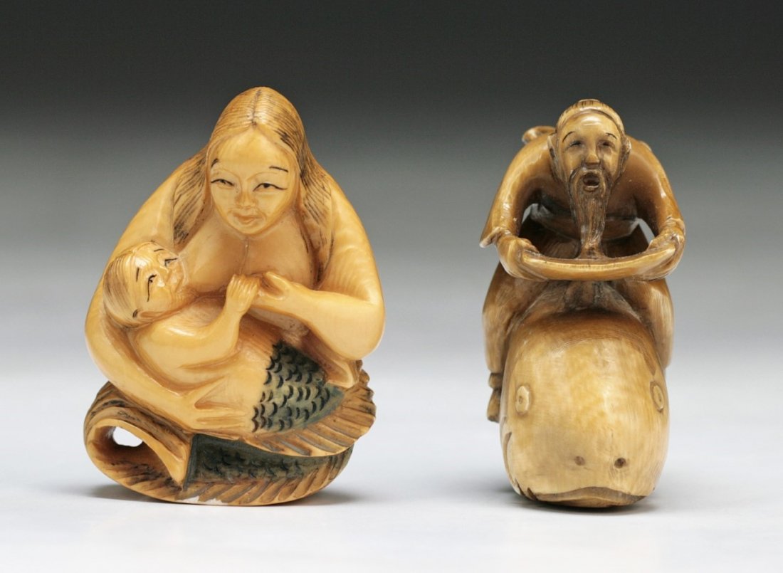 Two Carved Antique Ivory Netsuke: Two Carved Antique Ivory Netsuke; Size: H: 2"