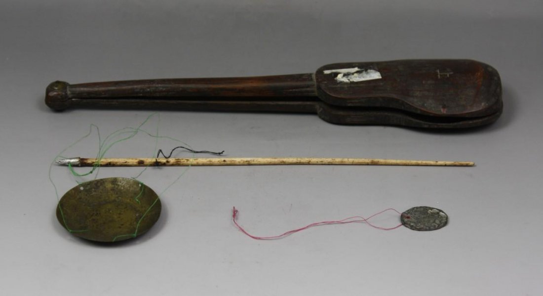 A Chinese Antique White Brass Steelyard: A Chinese Antique White Brass Steelyard: with ivory scale beam and peach wood box, late Qing Dynasty; Size: L: 10-1/2"