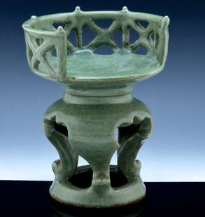 Rare 15th/16th C. Chinese Antique Longquan Celadon: Rare 15th/16th C. Chinese Antique Longquan Celadon Glazed Stand: very rare and of Ming Dynasty; Size: H: 9-1/2"