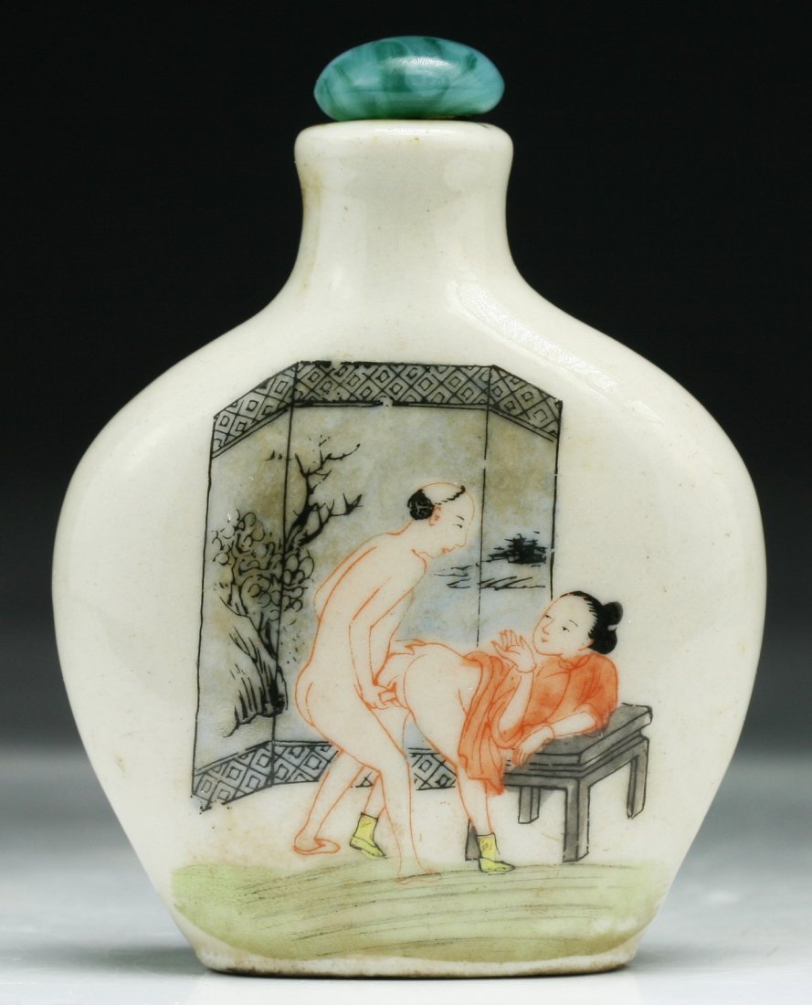 Chinese 19th C. Antique Porcelain Snuff Bottle: Chinese 19th C. Antique Porcelain Snuff Bottle: painted with shunga erotic scene, signed DAOGUANG and of the period; Size: H: 2-3/4"