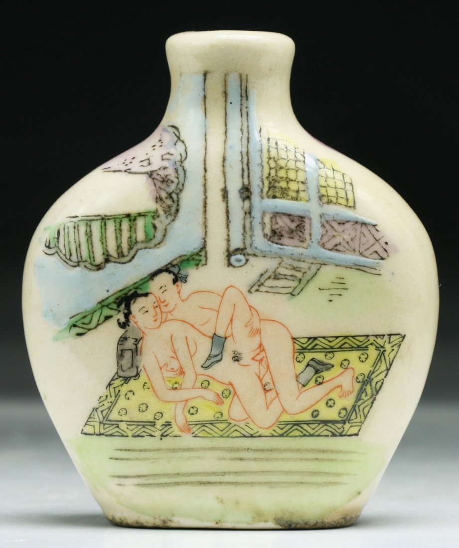Chinese 19th C. Antique Porcelain Snuff Bottle: Chinese 19th C. Antique Porcelain Snuff Bottle: painted with shunga erotic scene, signed DAOGUANG and of the period; Size: H: 2-1/2"