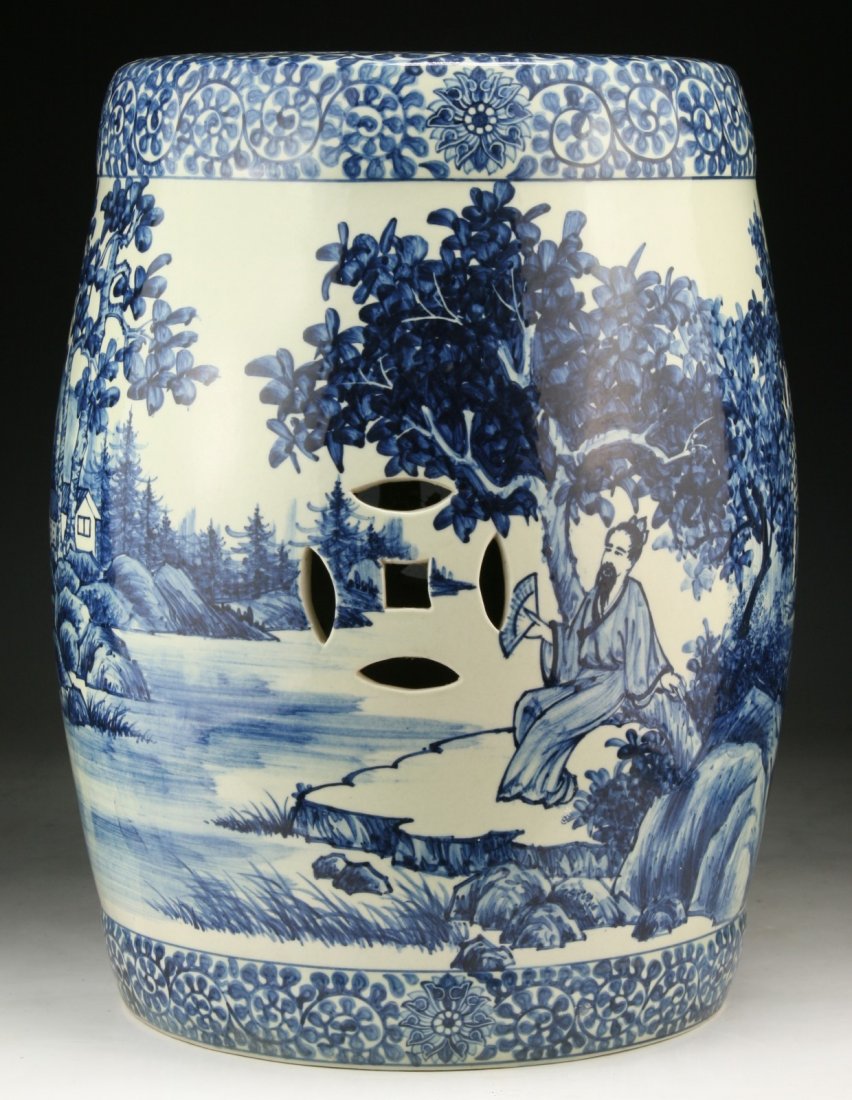 Chinese 19th C. Antique Blue White Porcelain Garden: Chinese 19th C. Antique Blue White Porcelain Garden Stool; Size: H: 14"