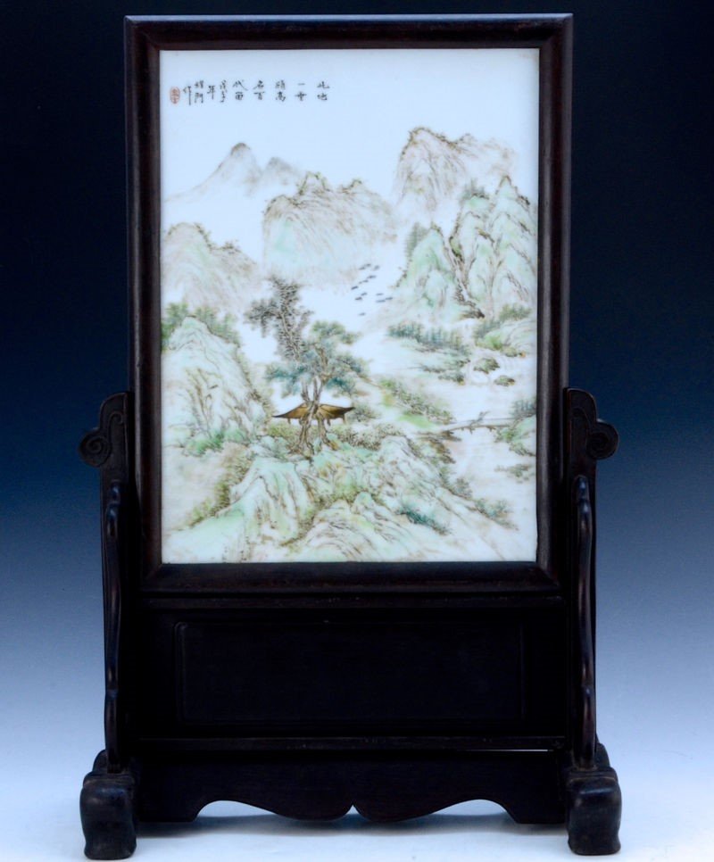 Fine Signed C. 1900 Chinese Antique Famille Rose Framed: Fine Signed C. 1900 Chinese Antique Famille Rose Framed Porcelain Table Screen; Size: H: 24"; W: 15"