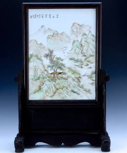 Fine Signed C. 1900 Chinese Antique Famille Rose Framed: Fine Signed C. 1900 Chinese Antique Famille Rose Framed Porcelain Table Screen; Size: H: 24"; W: 15"