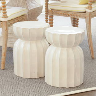 White Garden Seat: Designer: Patricia Fisher Hand crafted garden seat of slip-cast white ceramic by Ballard Design. 2 Available 17 3/4"H 12 1/2" Diameter Item Number: PF/KR136