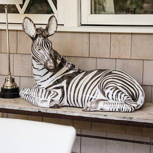 Italian Ceramic Zebra Statue: Designer: Ken Gemes Signed made in Italy. Hand painted ceramic Italian recumbent Zebra figure. Approx. size 25"L x 17"H x 16.5"D