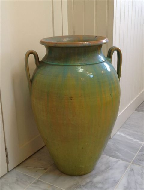Earthenware Jug: Designer: Hagins Mortimer Vintage earthenware jug measures 23.5" high x 16" at widest point. Some discoloration on one side (see photo) but otherwise in very good vintage condition.