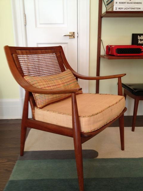 Side Chair: Designer: Hagins Mortimer John Stuart for Widdicomb, 1960s walnut and woven reed side chair. Label reads "John Stuart Inc. New York Grand Rapids". Lumbar pillow covered in a raffia from Kravet; seat c
