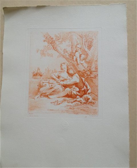 Two Boucher Prints: Designer: Hagins Mortimer After Boucher (Francois Boucher, French, 1703-1770) inscribed in print "Boucher" and "Pequeonot sc", published by the Chalcographie du Musee du Lourve, stamped in the lower c