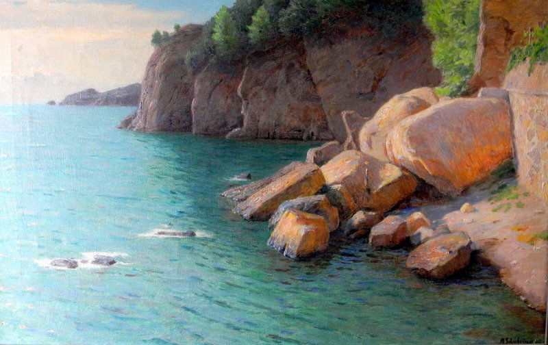 Paintings, Watercolours 20th Century: Richard Schubring, (1853 Dresden), italian coast landscape, signed R. Schubring, oil/canvas, framed, h x w ca. 42 x 67 cm