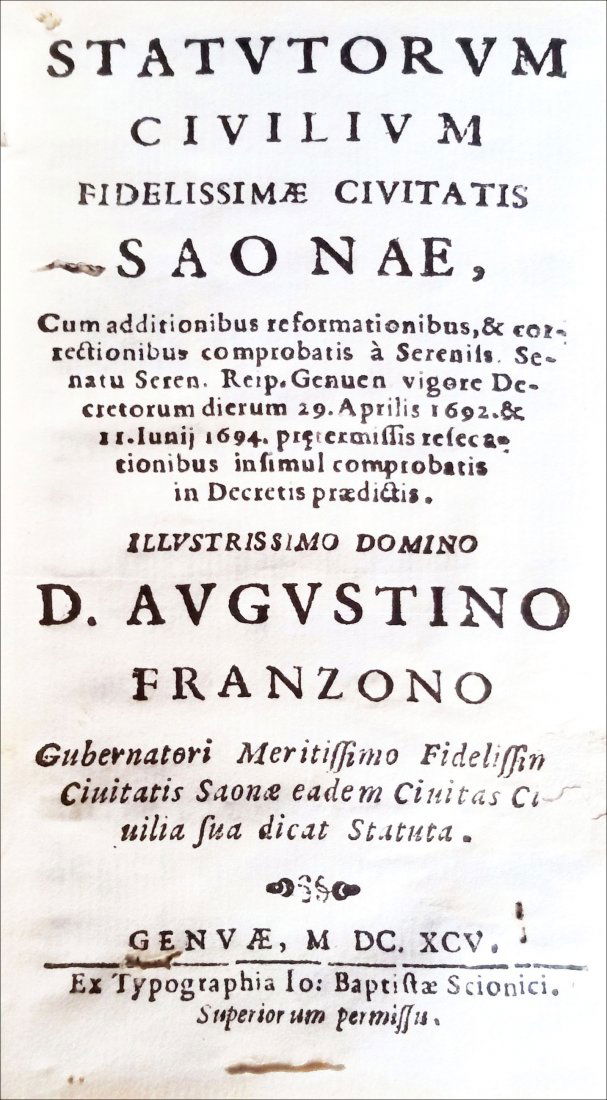 [Italian Statutes, Savona] Statutorum Civilium, 1695 (1 of 2)