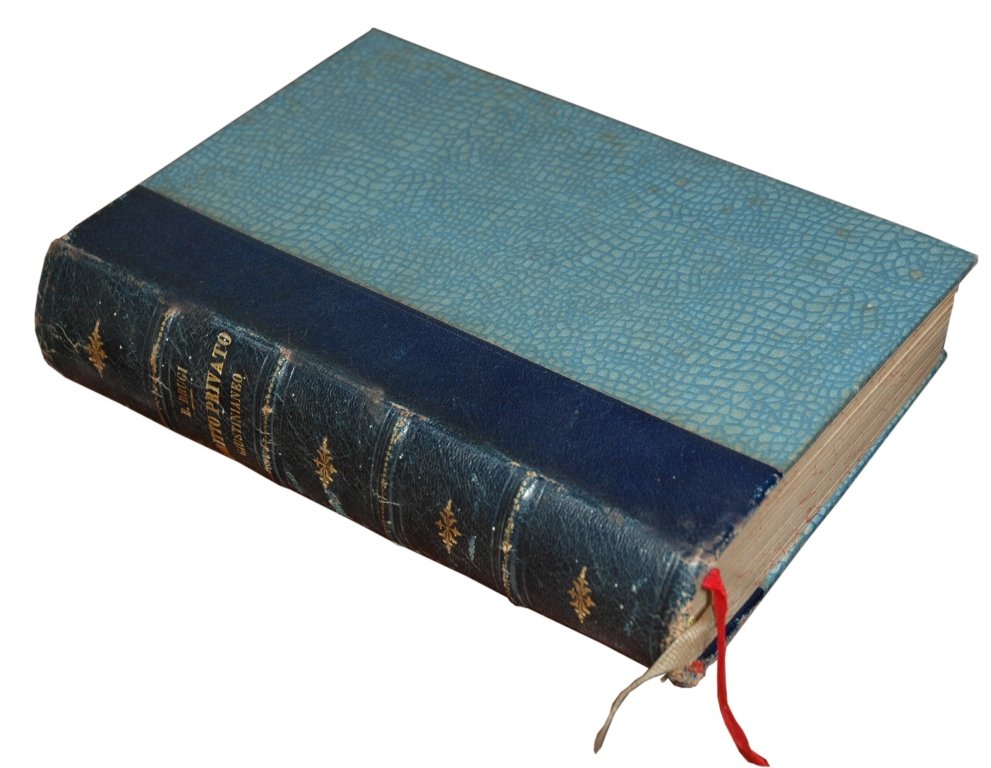 (Roman Law) Brugi, Diritto Privato Giustinianeo, 1910: Brugi, Biagio. Istituzioni di Diritto Privato Giustinianeo . Padova, Fratelli Drucker, 1910. 2 volumi legati insieme (207x140 mm), mezza pelle blu su tela colorata in azzurro, dorso a quattro nervi co