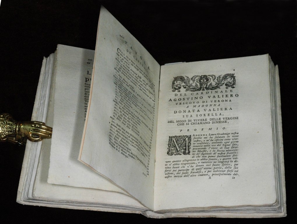 (Canon Law and Women) Valier, Istituzione, 1744: [Canon Law, Women] Valier, Agostino. 1. La istituzione d’ogni stato lodevole delle donne cristiane; del cardinale Agostino Valiero vescovo di Verona [...] illustrata da D. Gaetano Volpi e da esso de
