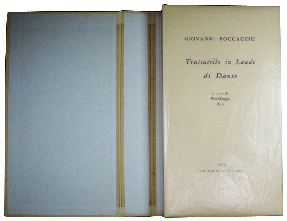 (Tallone) Boccaccio, Trattatello in laude di Dante 1969: BOCCACCIO'S TREATISE IN PRAISE OF DANTE Boccaccio, Giovanni. Trattatello in laude di Dante. Paris, Tallone, 1969. Oblong 8vo, printed boards in loose binder, cased in open end box, pp. XXIV-164. Garam