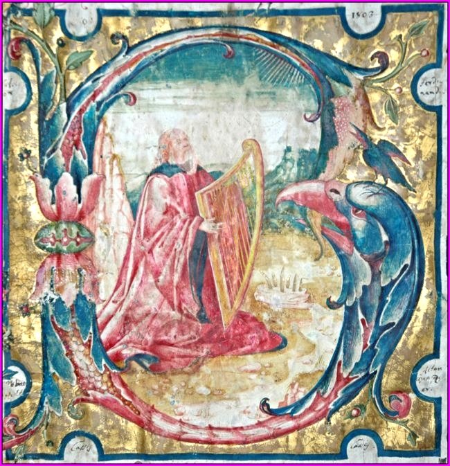 [Liturgy, Renaissance Manuscript on vellum] Italy, 1430: GIANT ILLUMINATION WITH KING DAVID PLAYING THE PSALTER A masterpiece from a refined atelier [Liturgy, Renaissance Manuscript on vellum] David playing the psalter. [Italy, about 1430] Single leaf of ve