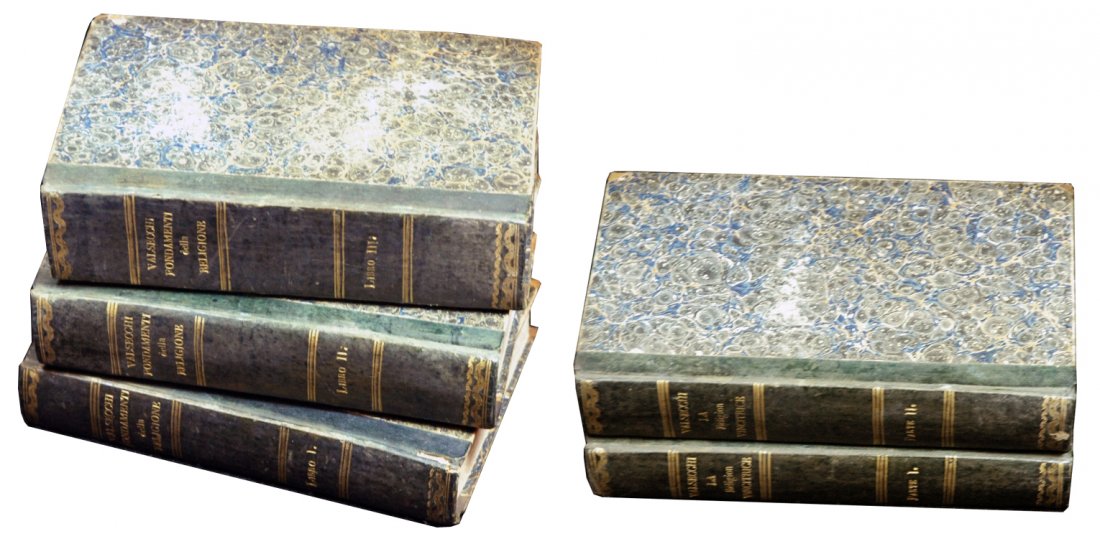 [Doctrine of the Catholic Church] Valsecchi 1834 5 vols: [Doctrine of the Catholic Church] Valsecchi, Antonino. Fondamenti della religione e fonti dell’empietà. La Religion Vincitrice. Venice: Andreola, 1834-35. 12 books in 5 volumes in 12mo, half calf o