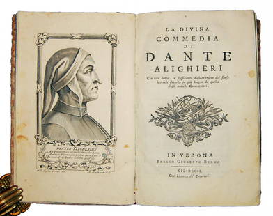 [Poetry, Divine Comedy] Dante, 1749, 3 vols: A FINE EDITION PUBLISHED IN VERONA OF THE DIVINE COMEDY WITH THE COMMENT BY POMPEO VENTURI Alighieri, Dante. La Divina Commedia di Dante Alighieri con una breve, e sufficiente dichiarazione del senso